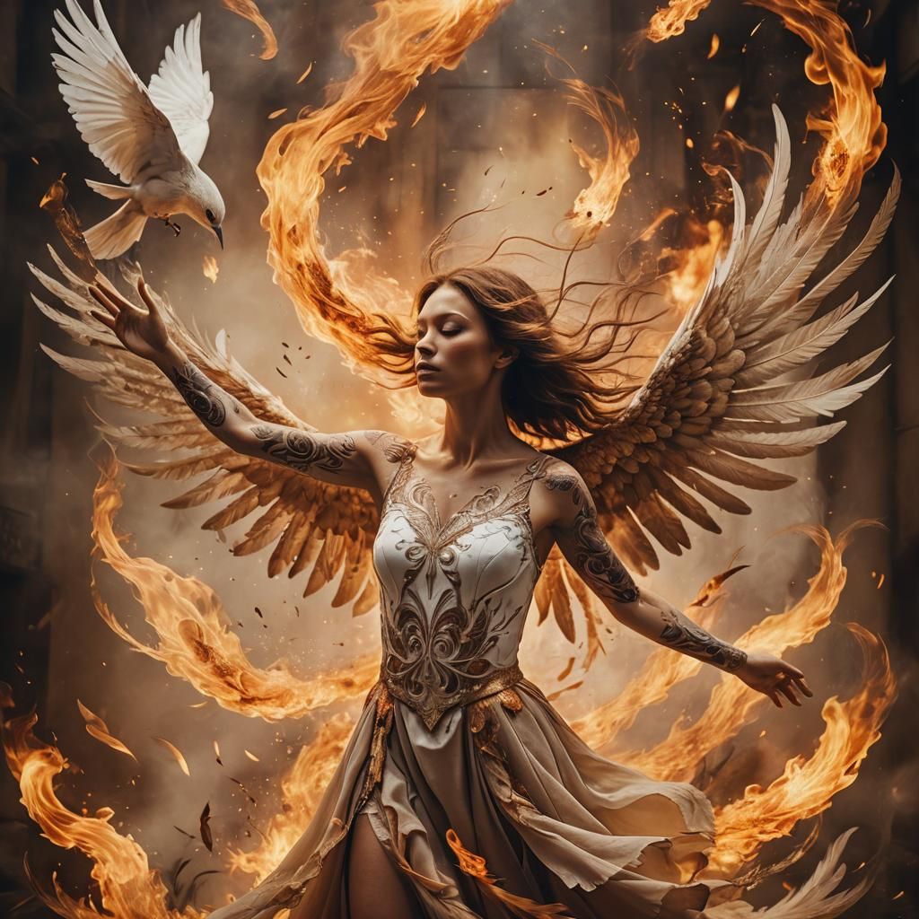 Bird Surrounded by Fire in Surreal Womancore Style