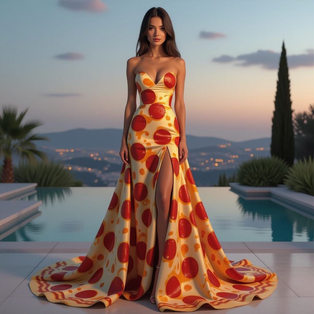 Pizza Couture: A Flowing Gown in Futuristic Style