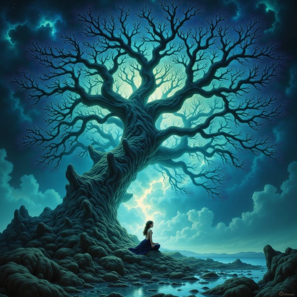 Cosmic Tree of Nebulae with Meditating Figure in Oil Paintin...