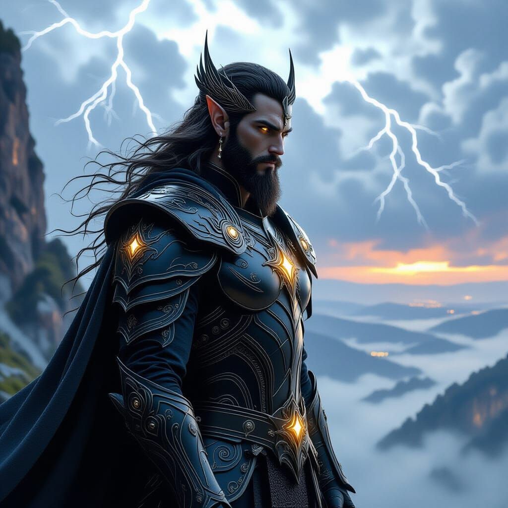Majestic Elven King Overlooking Mist-Shrouded Valley