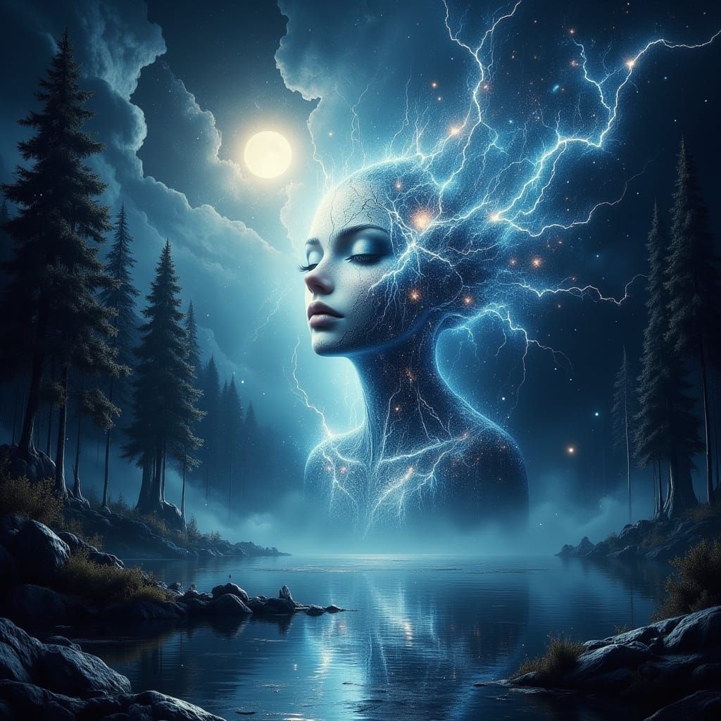 Cosmic Being Descends on Moonlit Lake in Hyperrealistic Styl...