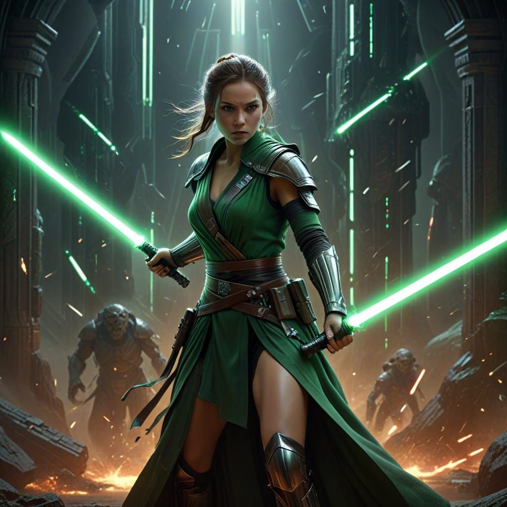 Female Jedi Master Fights With Two Green Lightsabers