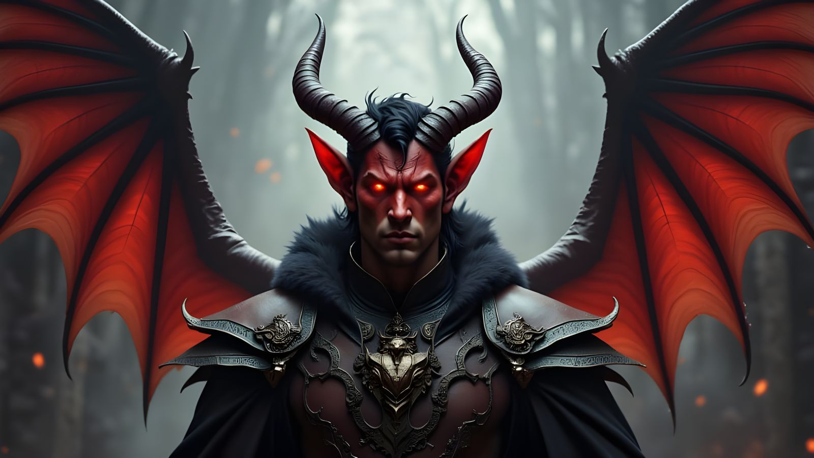Male Tiefling with Horns, Wings, and Tail