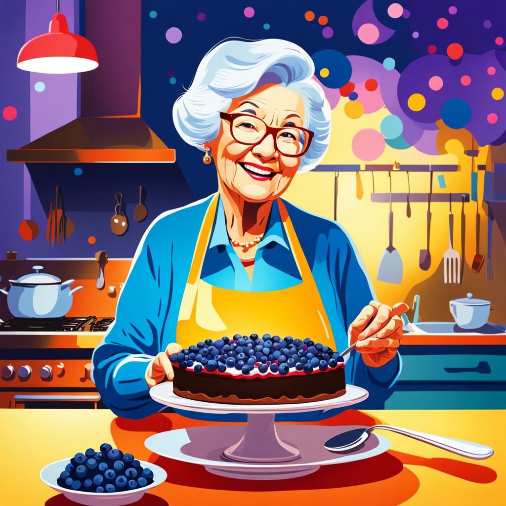 Elderly Woman Serving Blueberry Cake: Digital Illustration