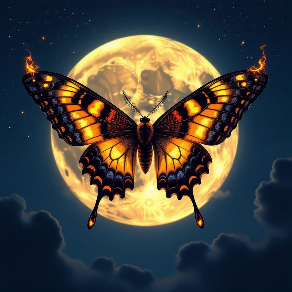 Giant Fire Moth Soaring Under Full Moon