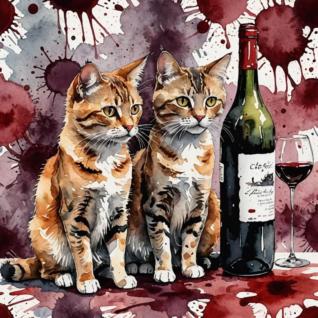 Cats Consider Wine: Watercolor Ink Splash Art