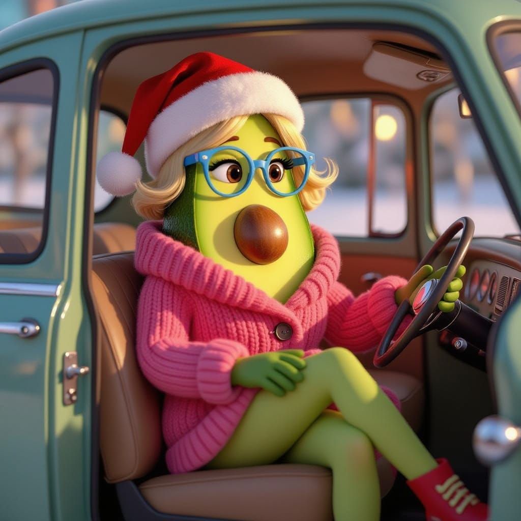 Avocado Character in Pink Coat with Blue Glasses