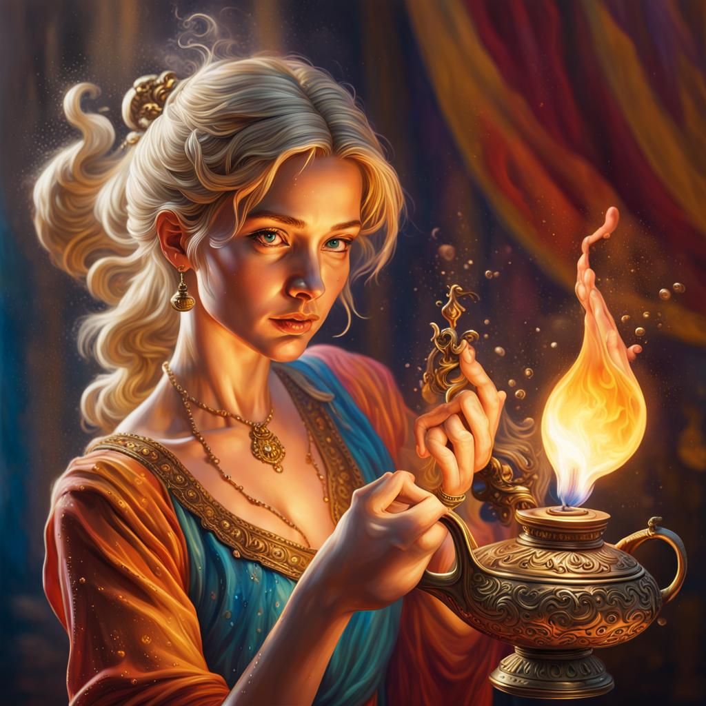 A beautiful blonde genie coming out from the spout of a bronze oil lamp