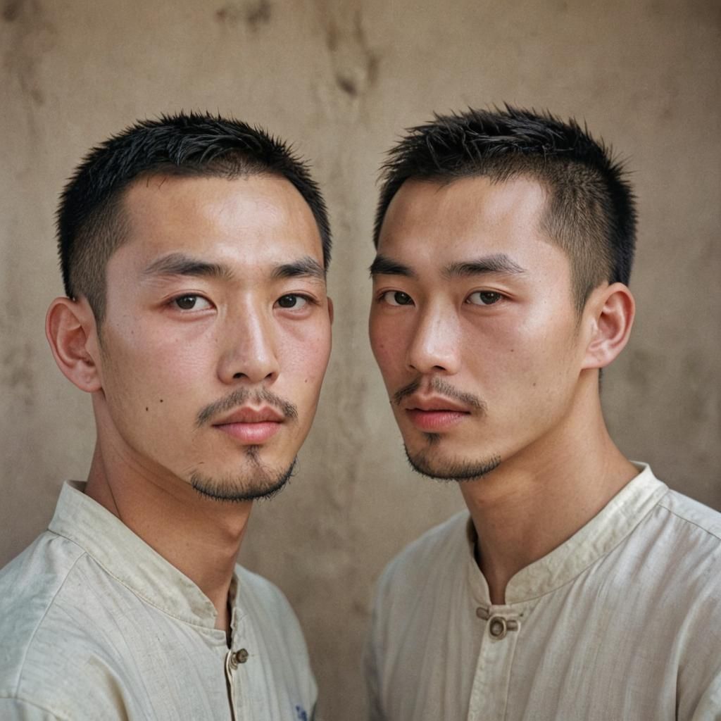 Two Handsome Chinese Men Kissing in Technicolor