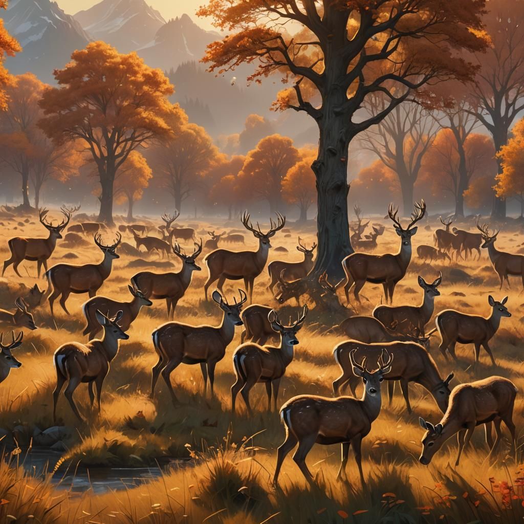 Deer Grazing in Autumn Meadow, Detailed Matte Painting