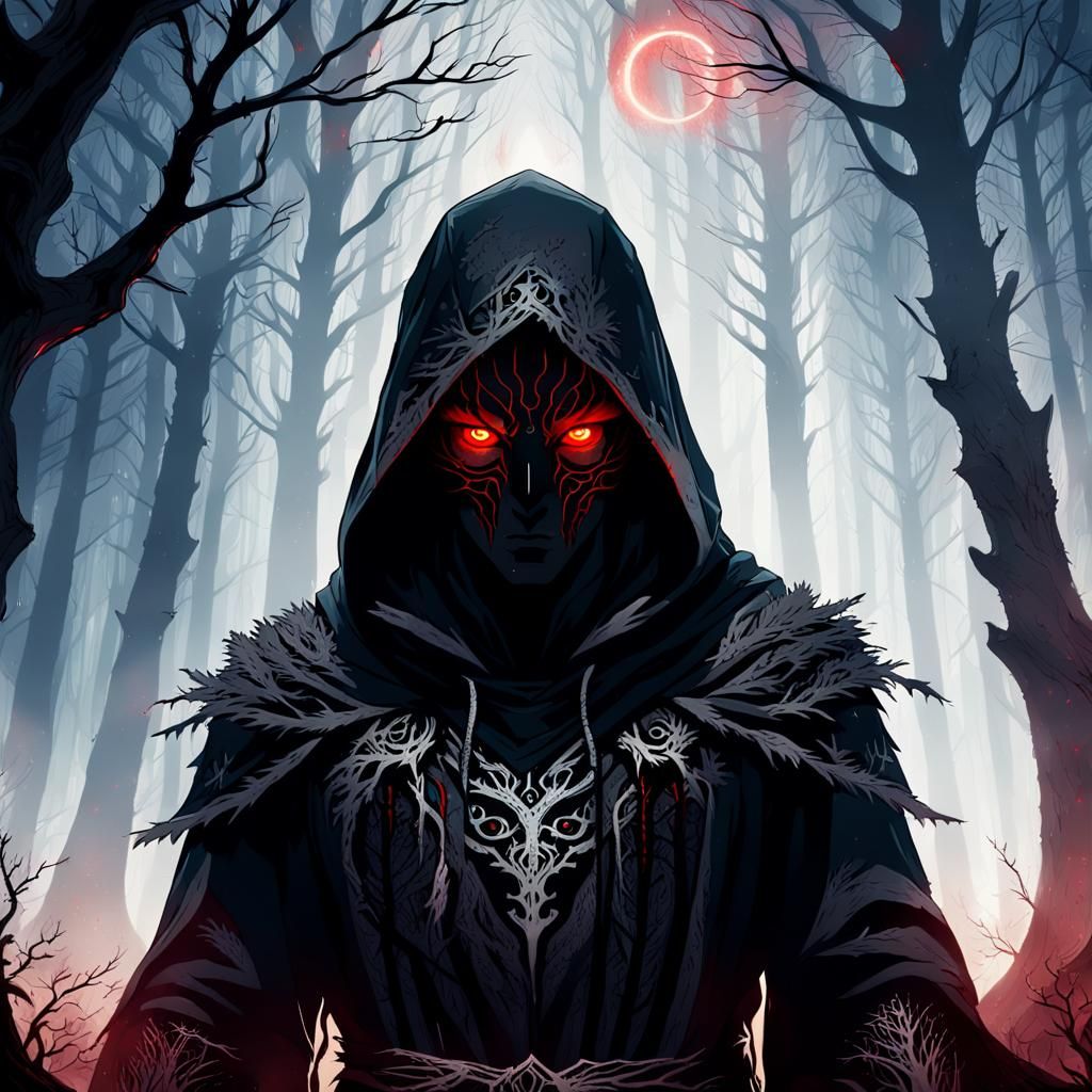 Mysterious Hooded Figure in Dark Fantasy Forest