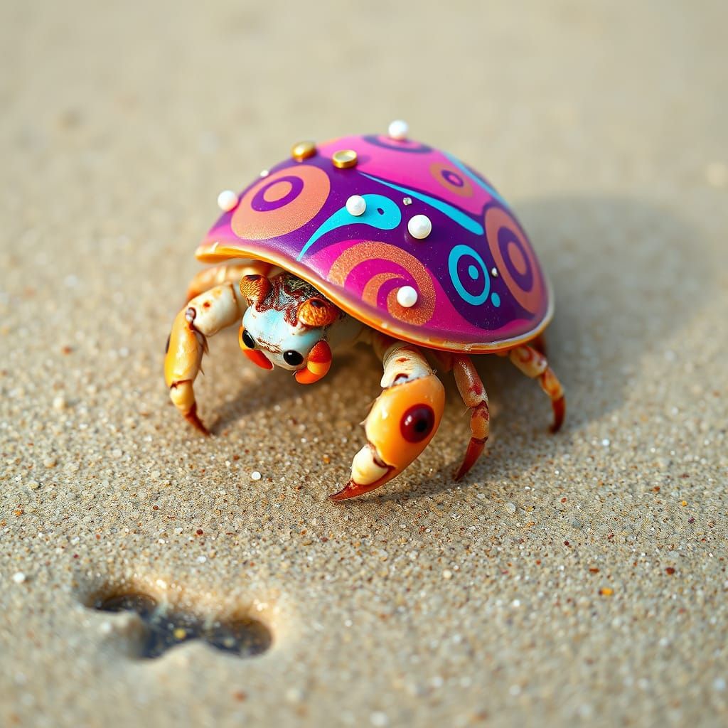Psychedelic Hermit Crab on Glittering Beach