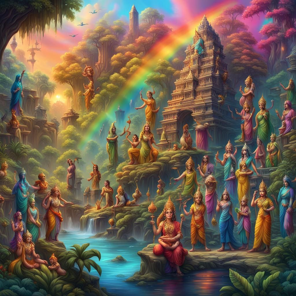 Hindu Deities in Rainbow Jungle Dreamscape