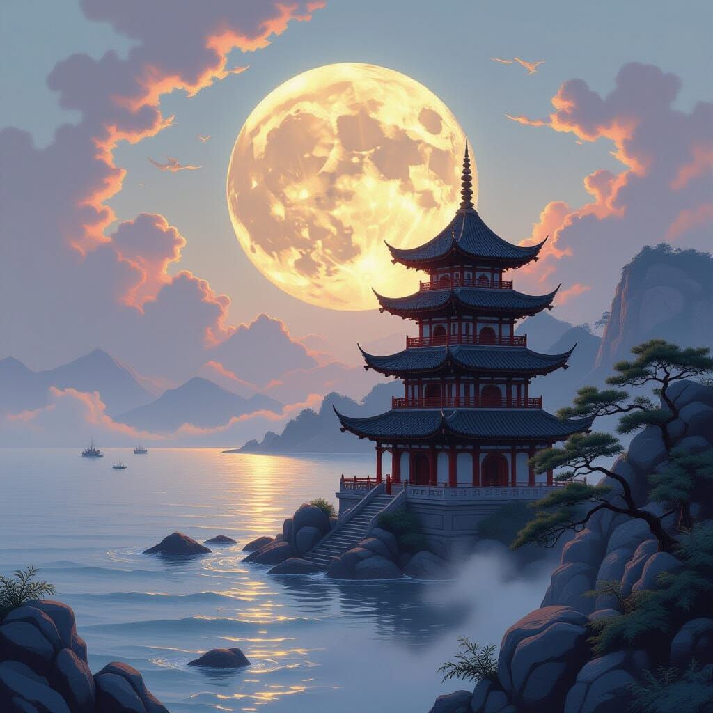 Detailed Moon Over Pagoda on Peaceful Ocean, Chinese Paintin...