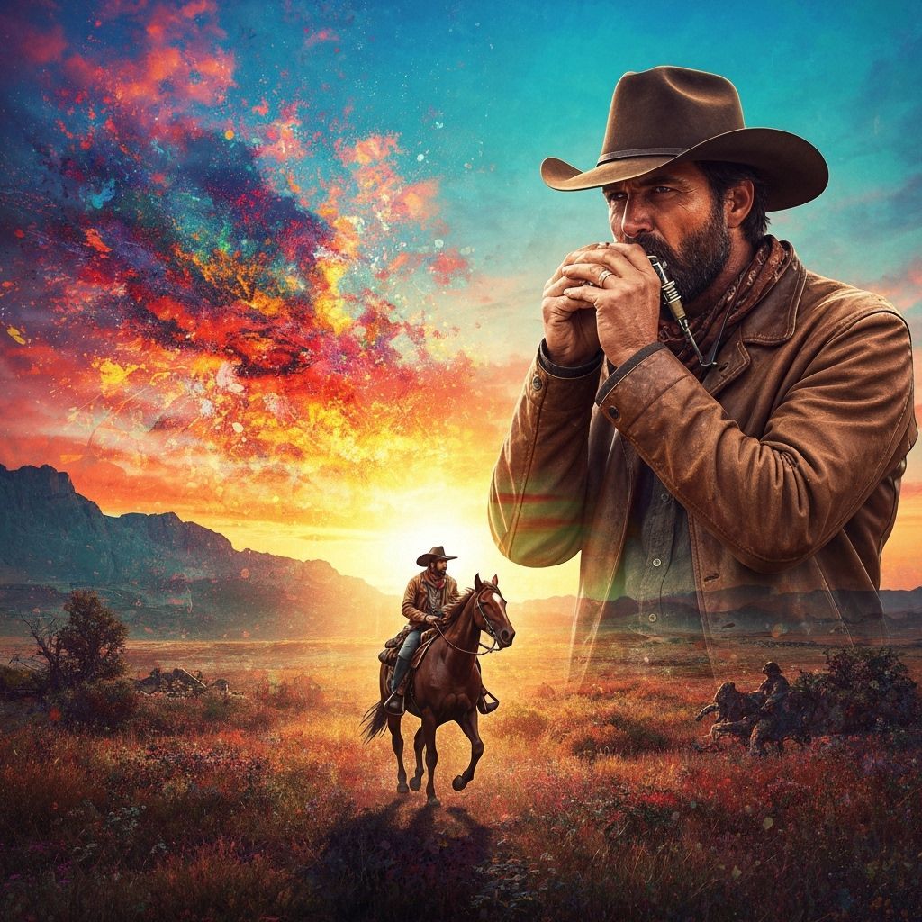 Harmonica Player in a Stylized Landscape