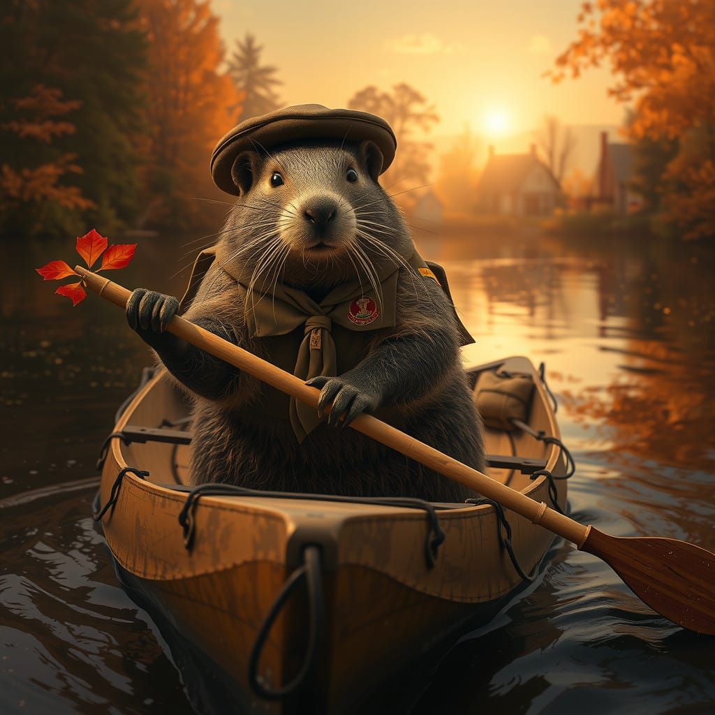 Photorealistic Beaver Scout in Golden Hour