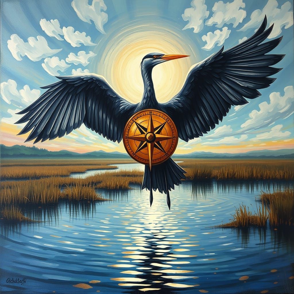 A Heron Soars, Compass Heart Guiding the Cosmos