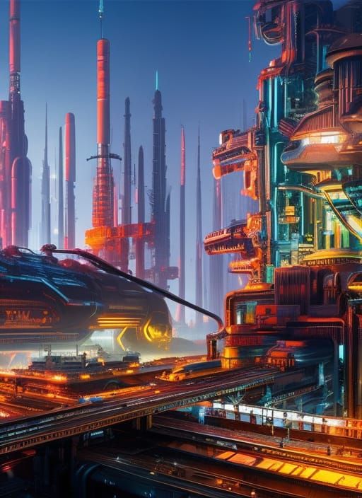 Futuristic Cyberpunk Steel Mill in Hyperrealistic Sci-Fi Pai...