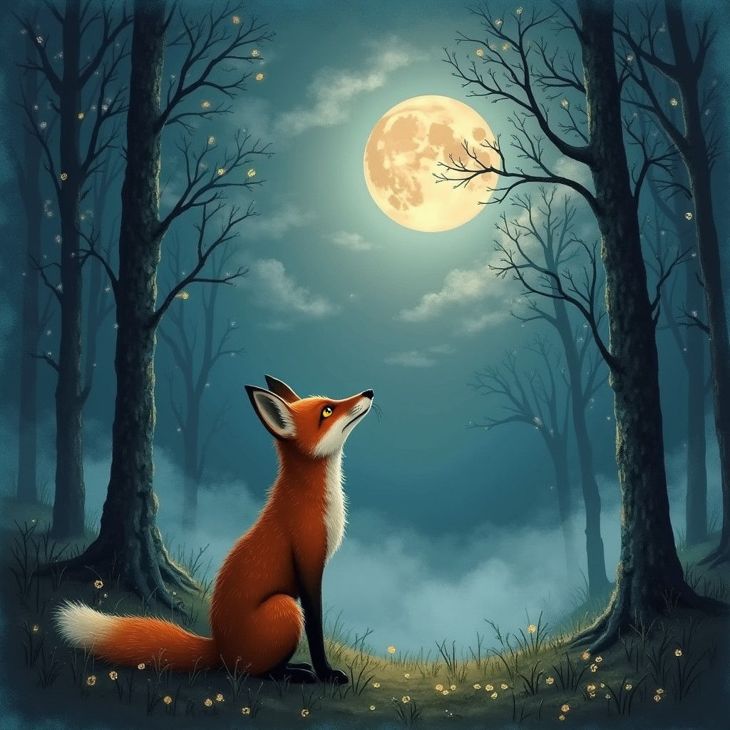 Fox Praying to the Moon in Atmospheric Landscape Style