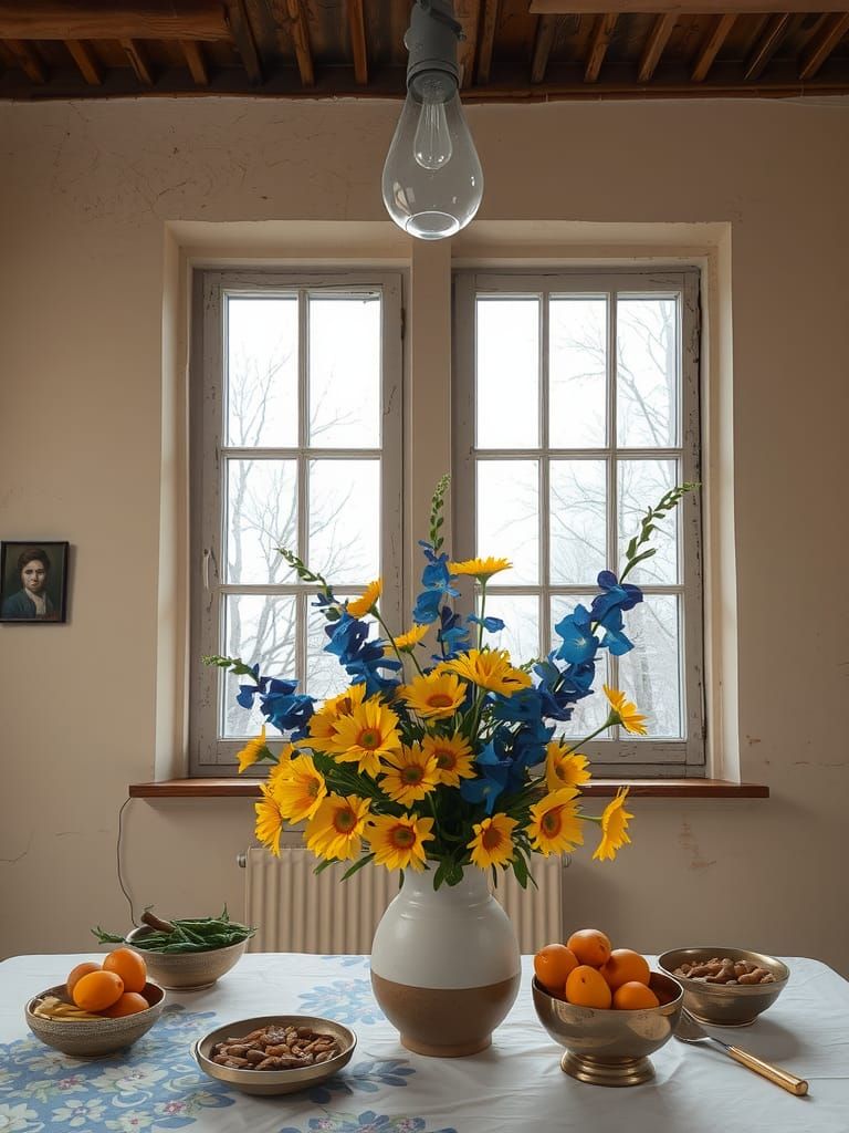 Rustic Interior with Floral Tablecloth and Winter View