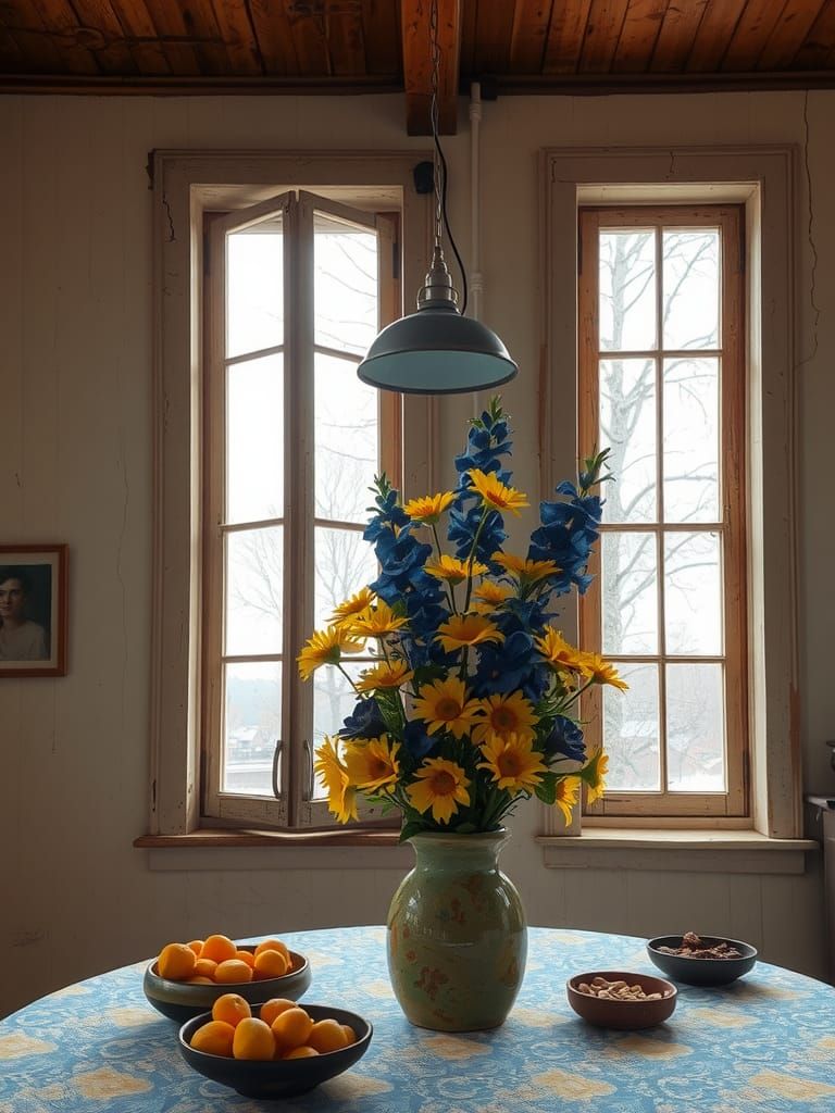 Rustic Room Still Life with Winter View