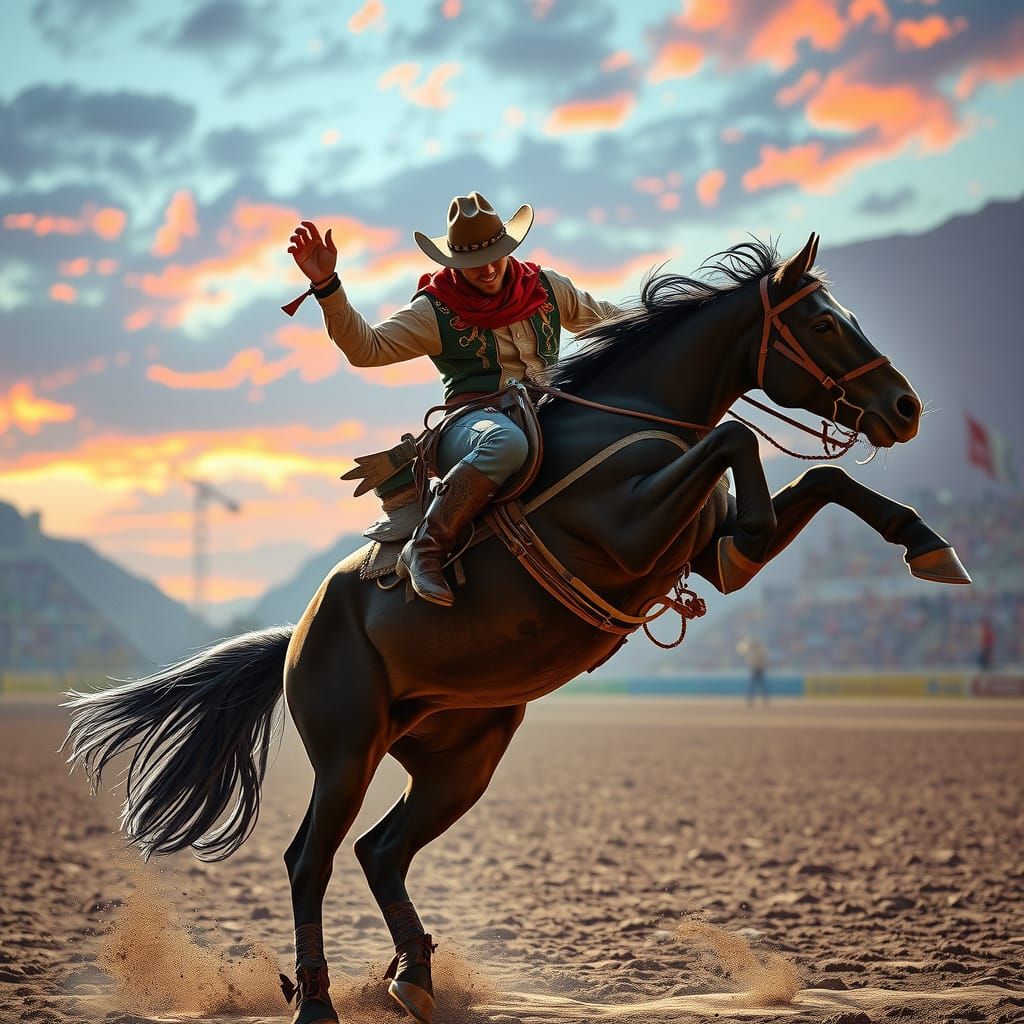 Cowboy on Bucking Horse in Rodeo Arena