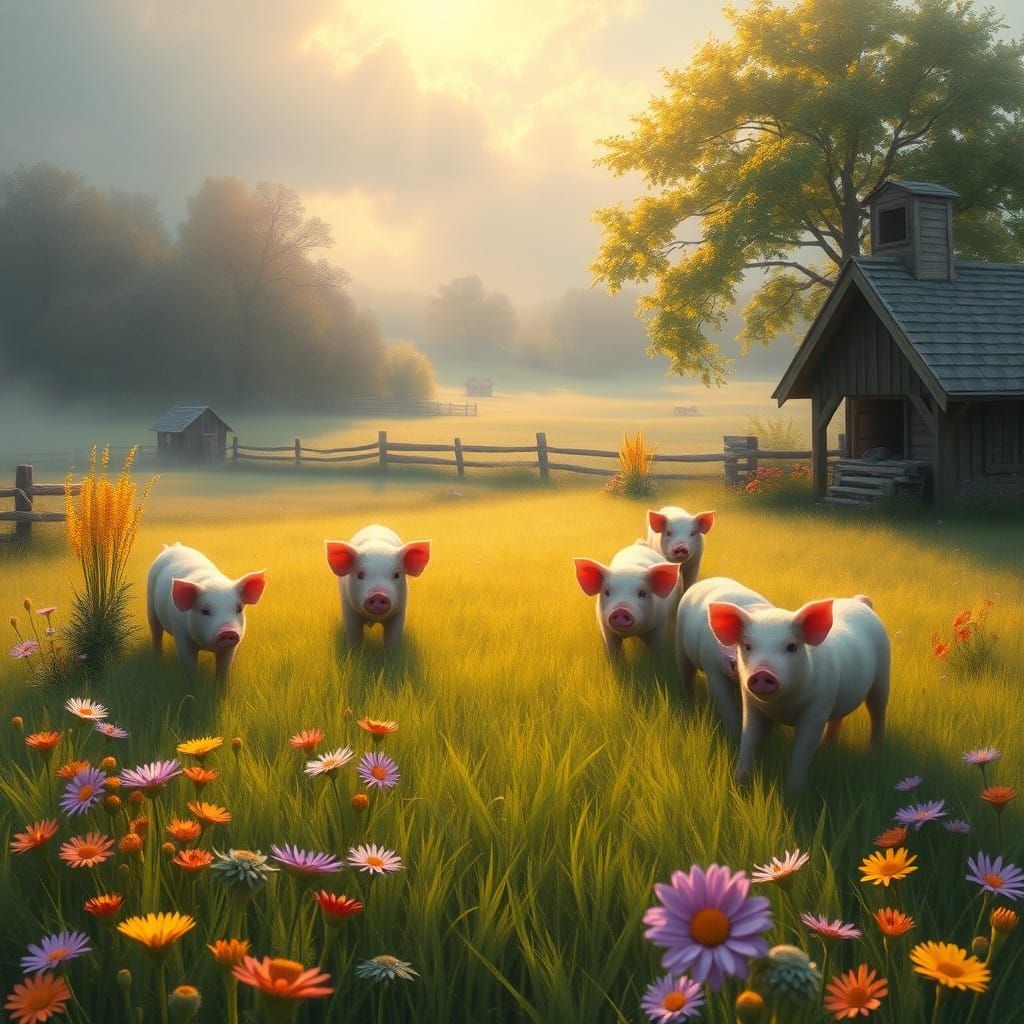 Dreamy Farmstead with Pigs in a Lush Green Meadow
