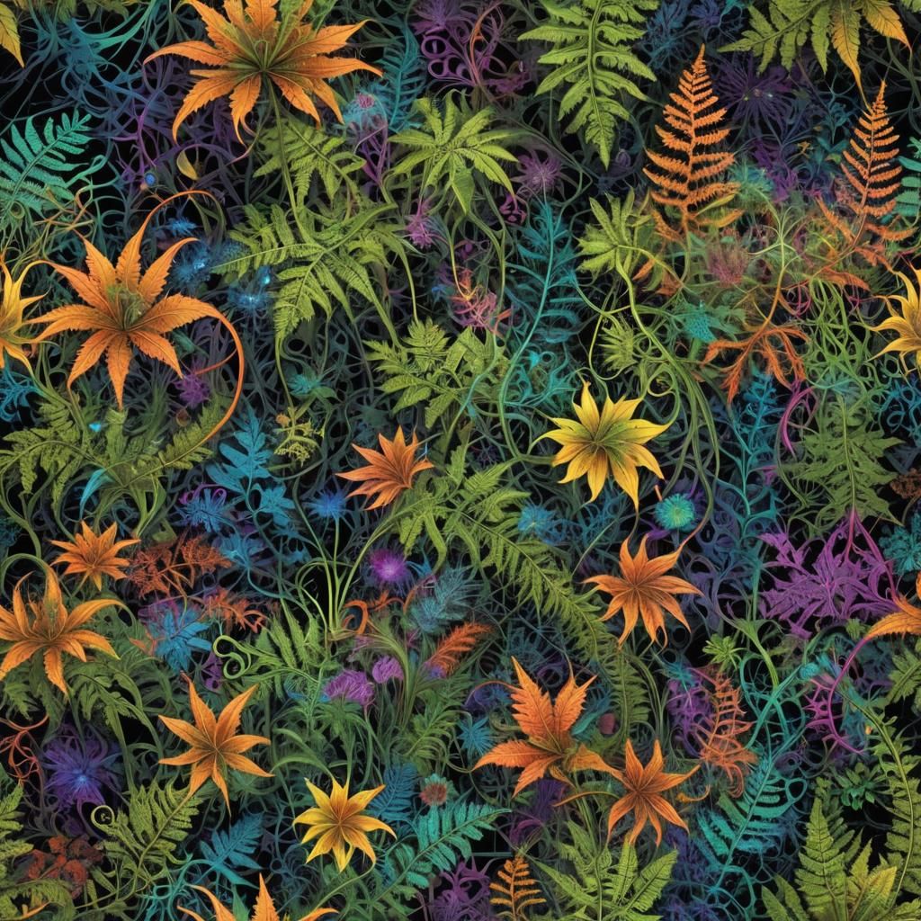 Neon Forest Undergrowth with Iridescent Ferns