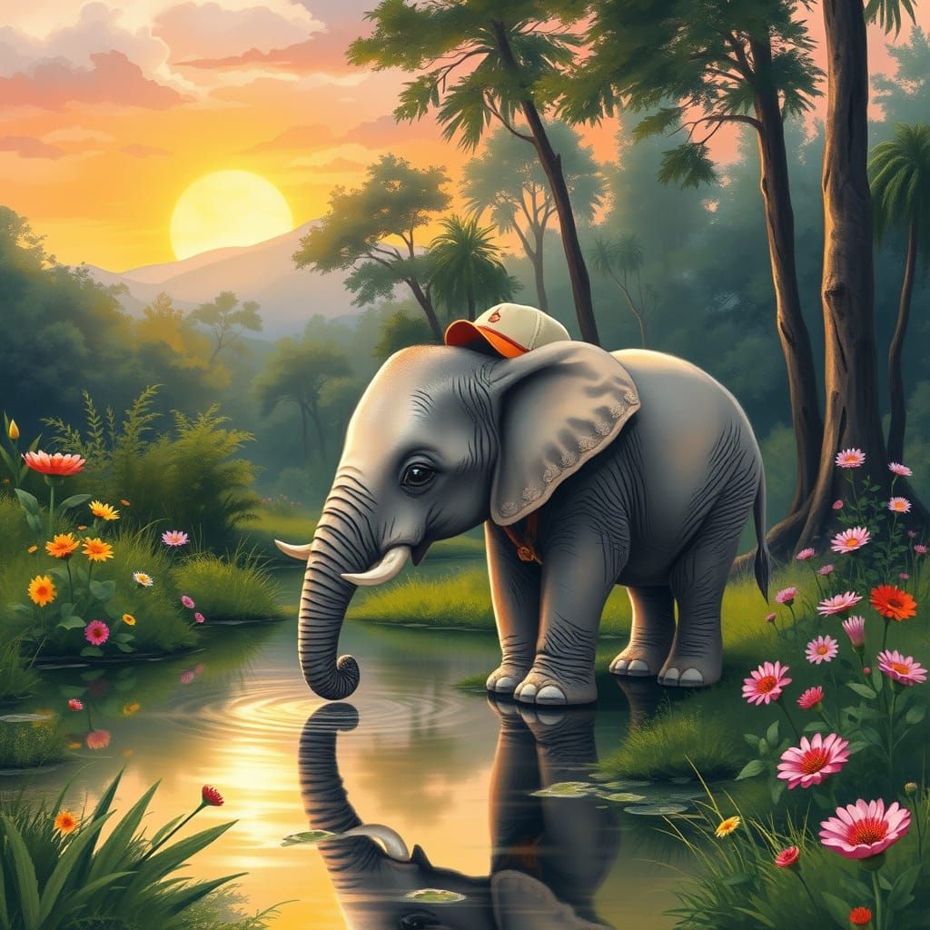 Baby Elephant in Safari Outfit at Sunset