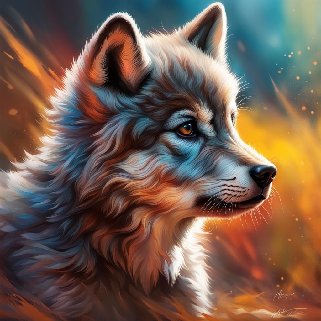 Hyperrealistic Baby Wolf in Splash Art Style