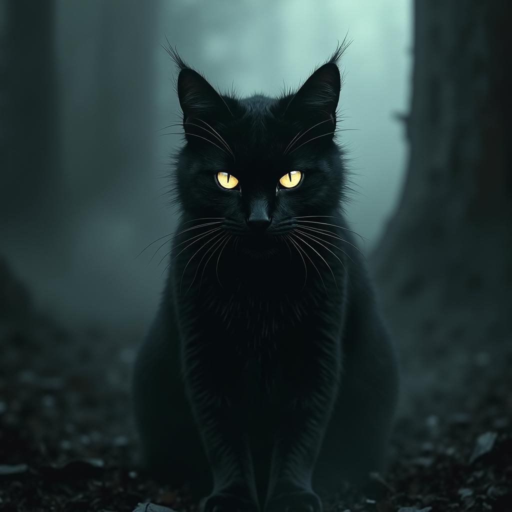 Scary black cat . Evil eyes