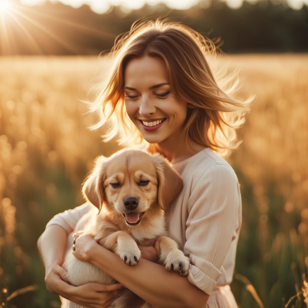 Woman and Puppy in Golden Light: A Cinematic Moment