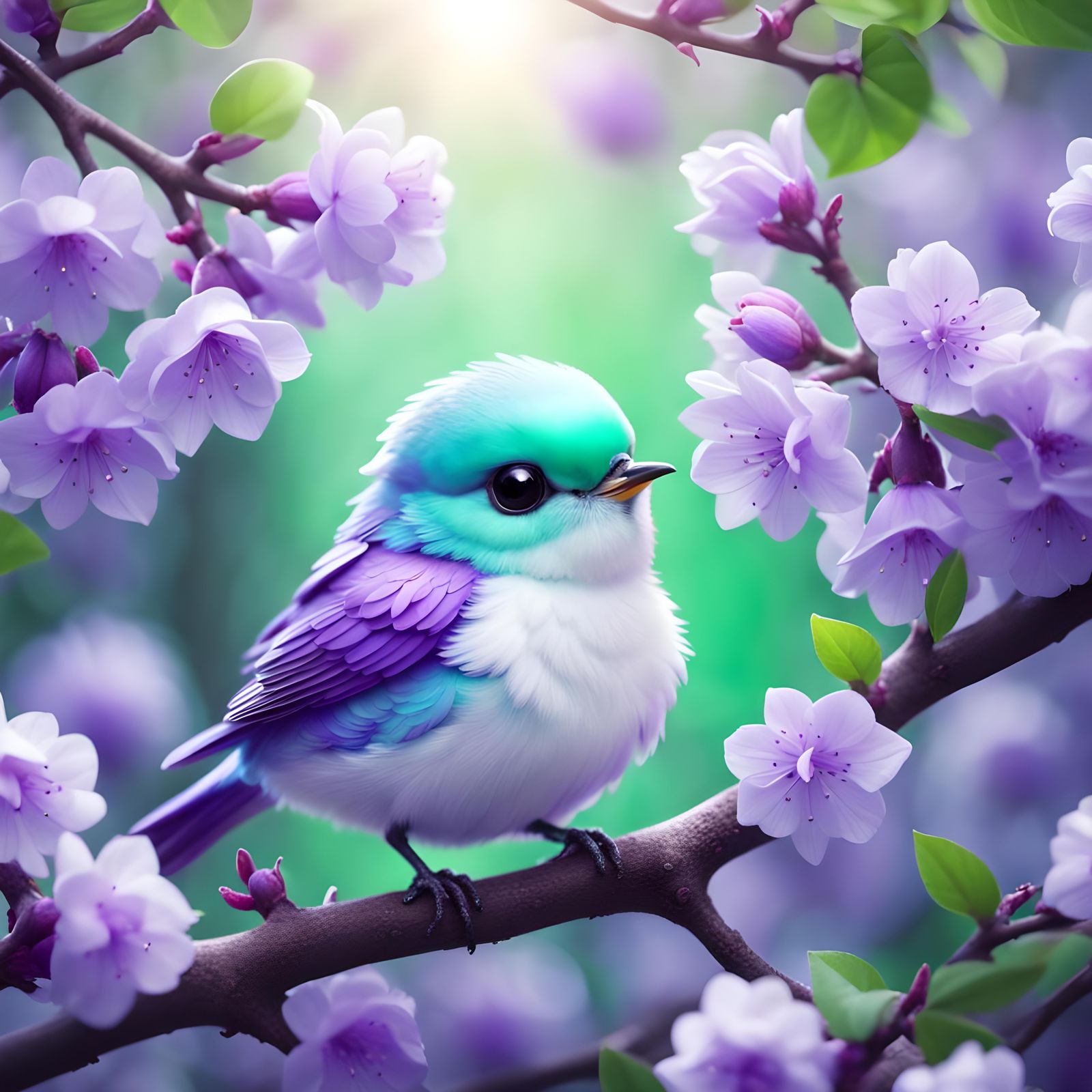 Opalescent Chibi Bird in Spring Tree, 8K