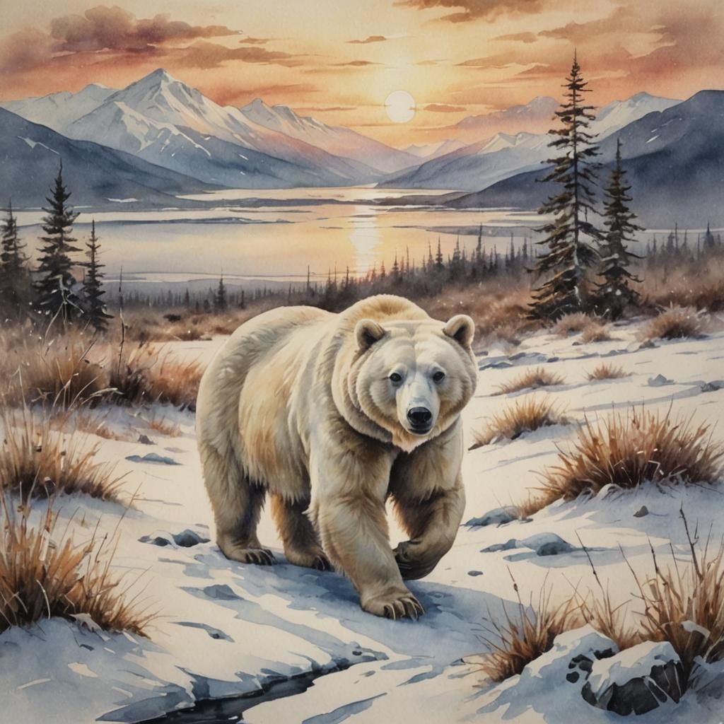 White Bear in Alaskan Tundra at Sunset