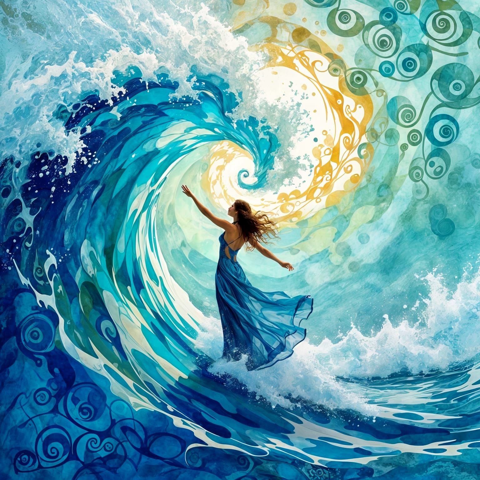 Woman on Crest of Wave in Klimt-Inspired Art