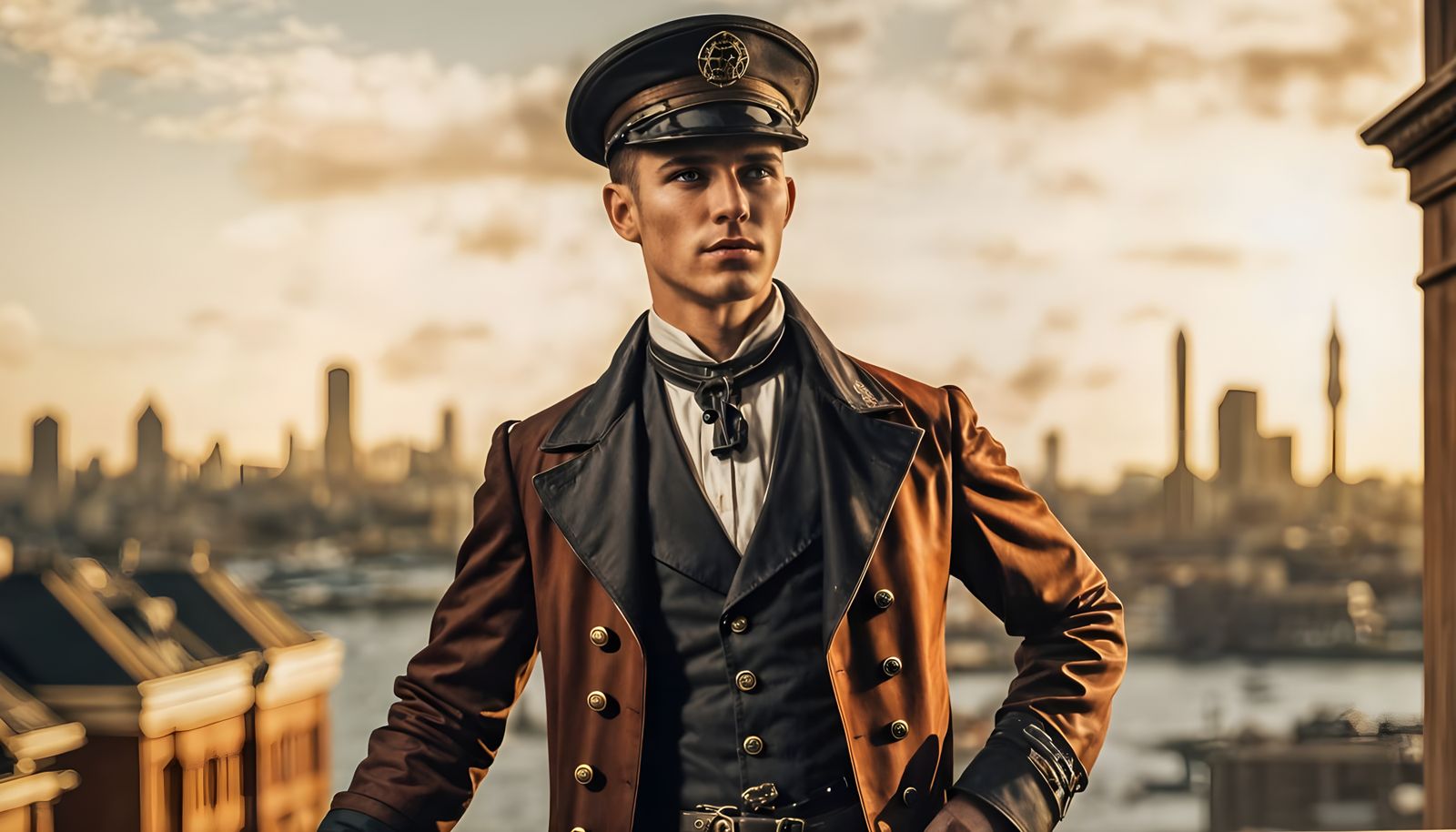 WWI Sailor Overlooking Steampunk Cityscape