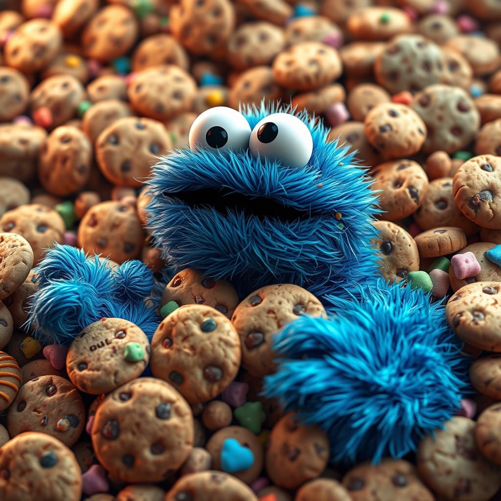 Cookie Monster Buried Under Colorful Cookie Chaos