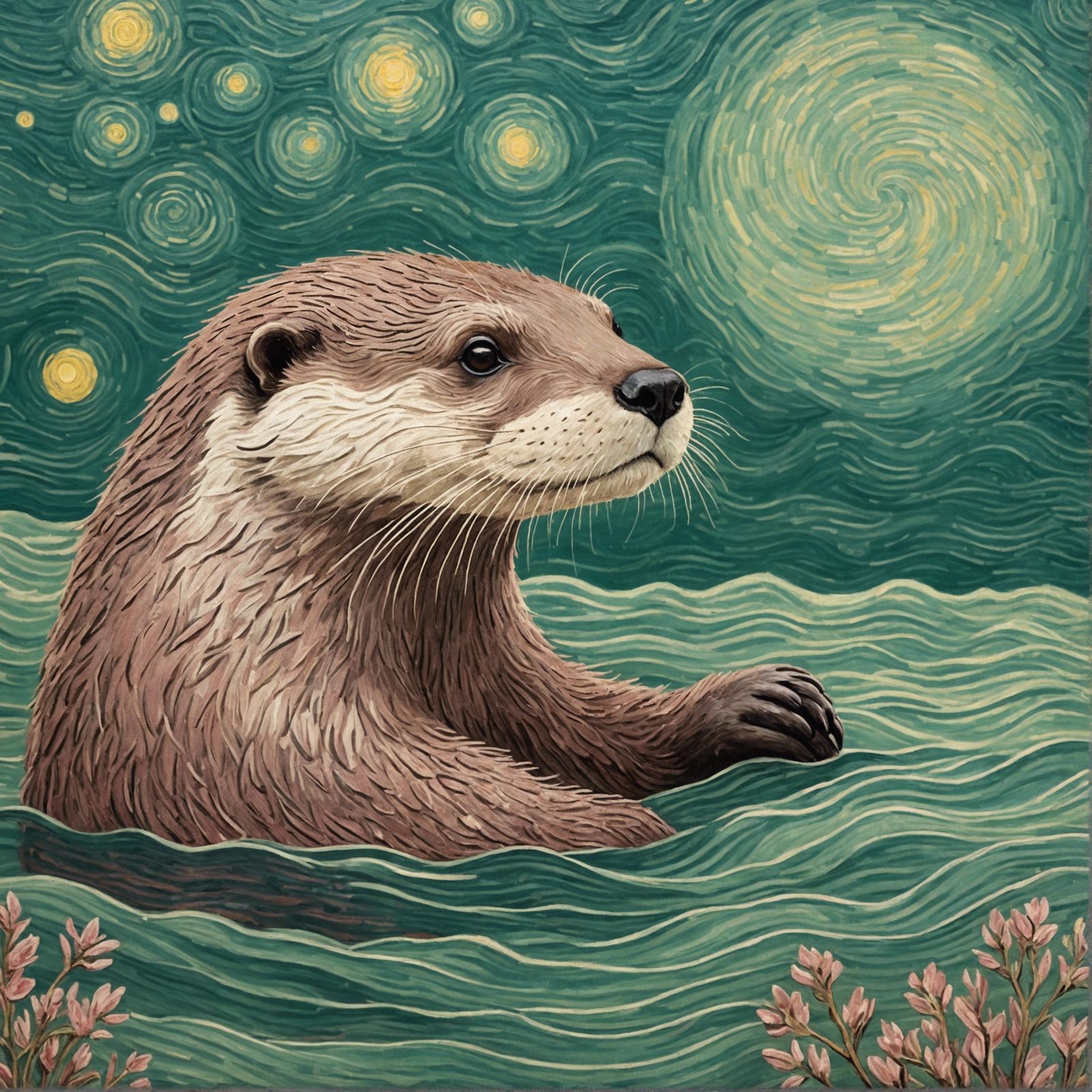 an otter in a dusty rose sage green starry night ocean by van Gogh