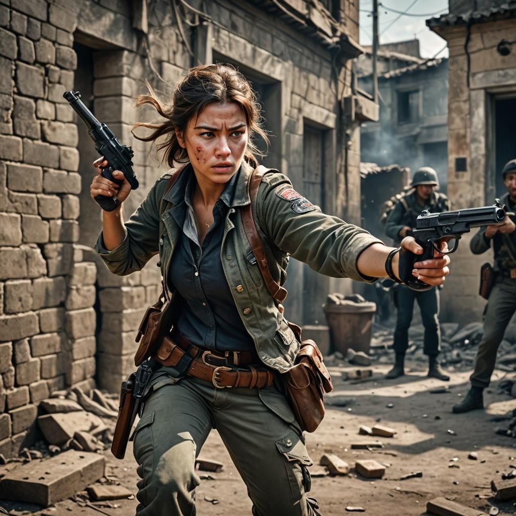 Hyperrealistic Lady Warrior Aims Gun