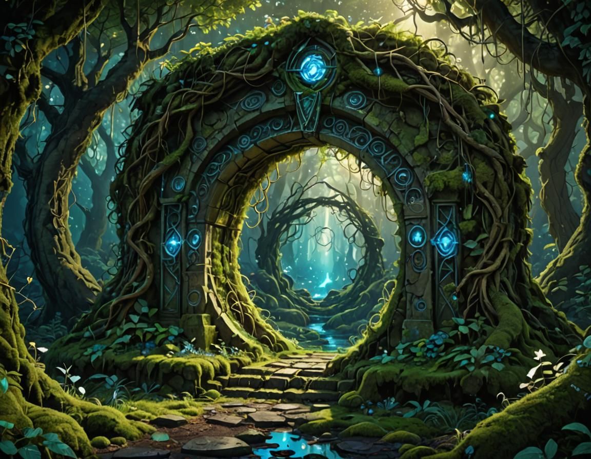Enchanted Portal to Fae World in Bioluminescent Forest