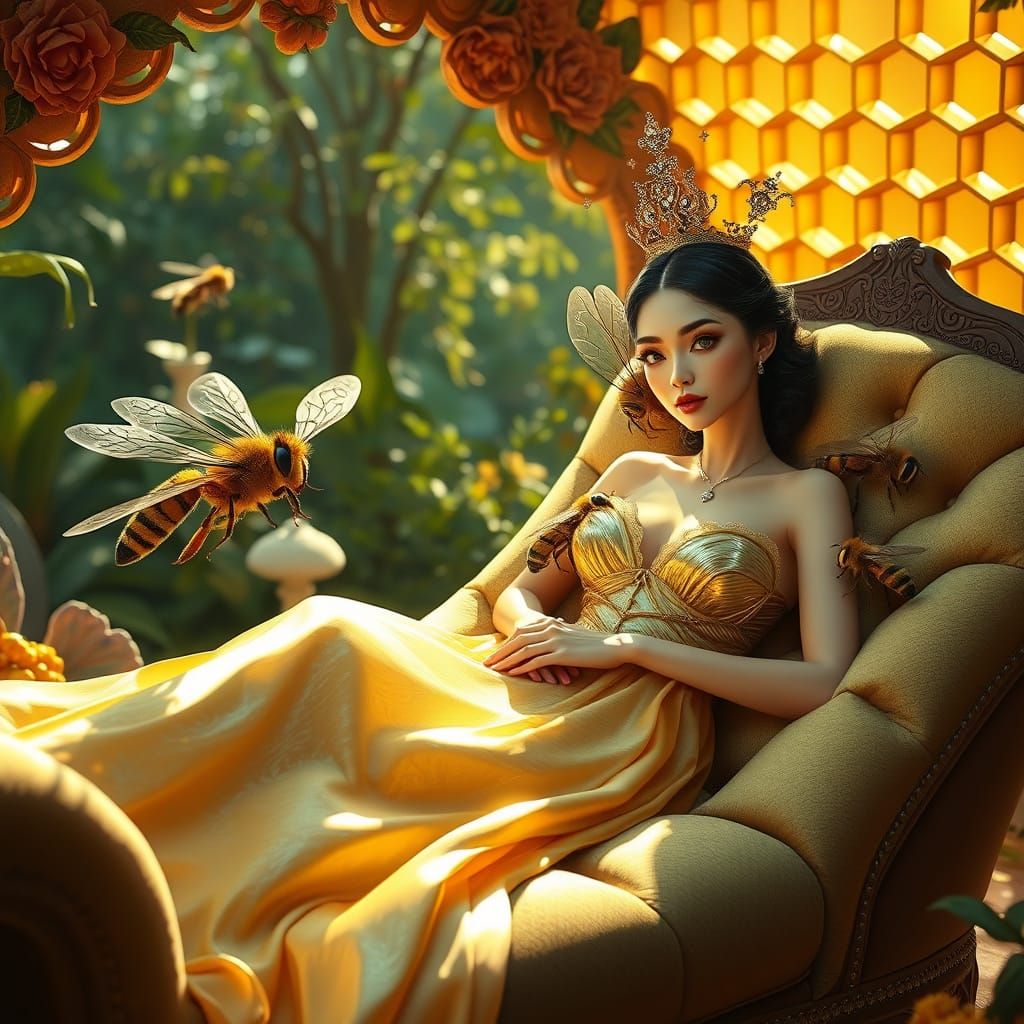 Bee Queen in Sunlit Garden of Honeycombs