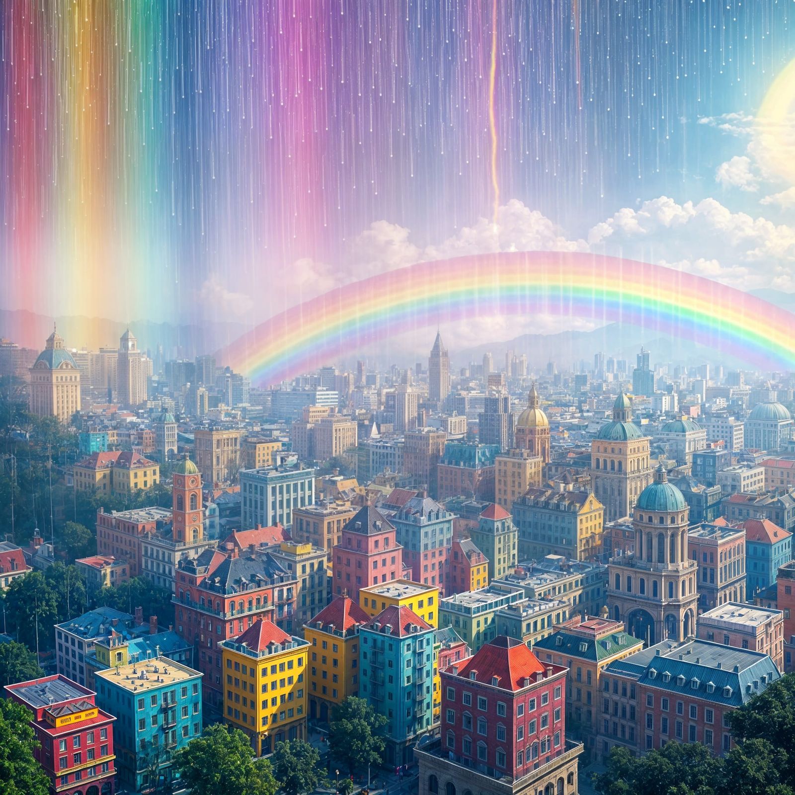 Rainbow Rain Over a Colorful Cityscape