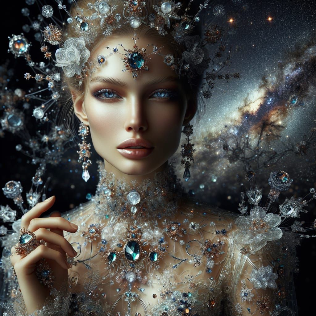 Woman in Glass Dress Against Starry Night Sky