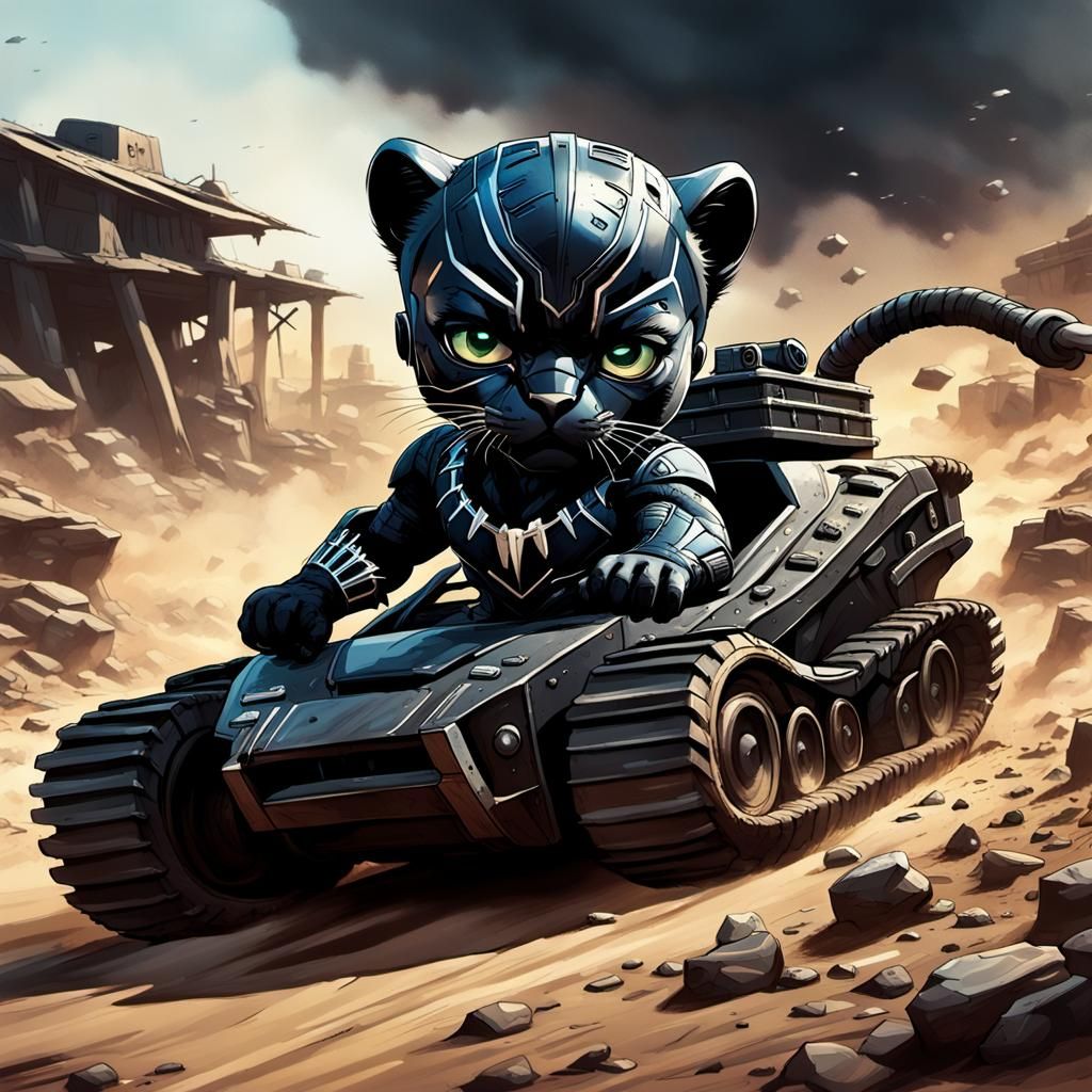Chibi Black Panther Races Kitten Tank in Mad Max Style