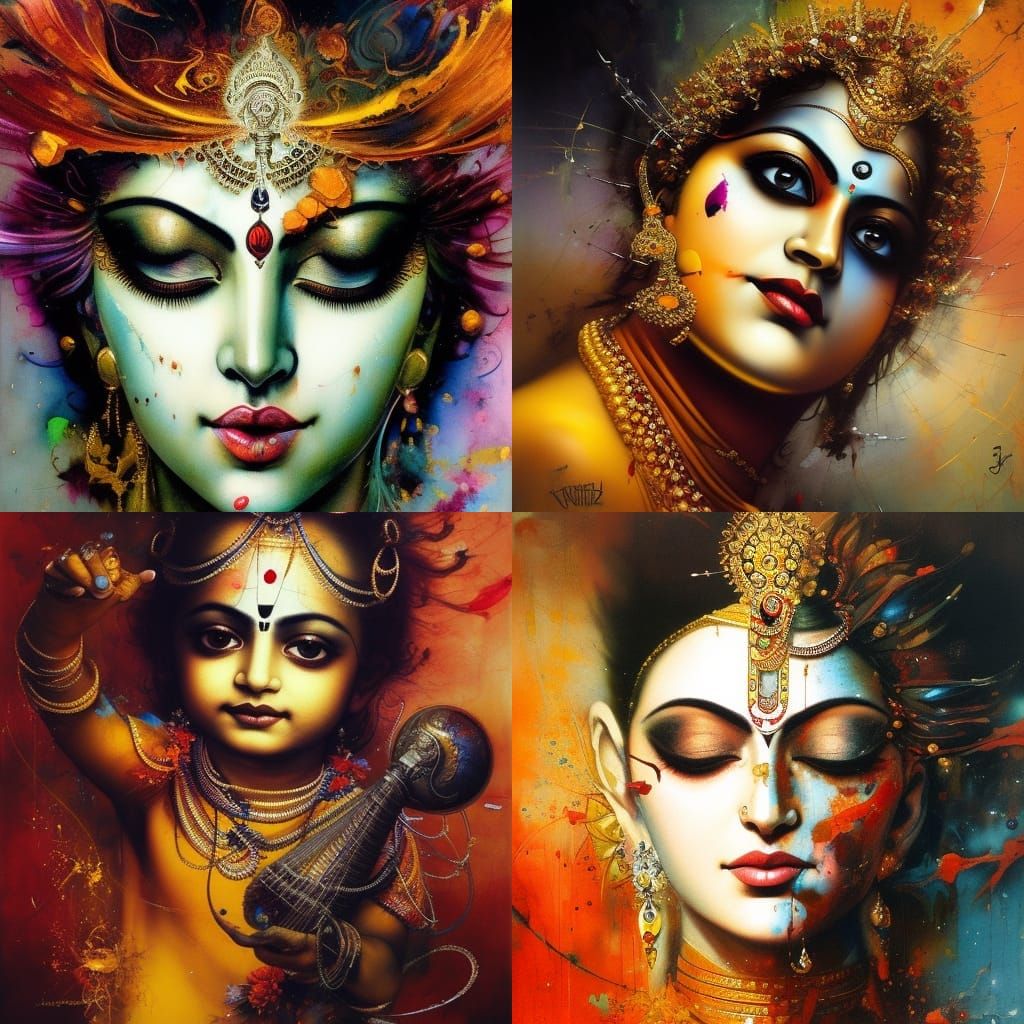 Lord Krishna Portrait with Paint Drops, Trending Art