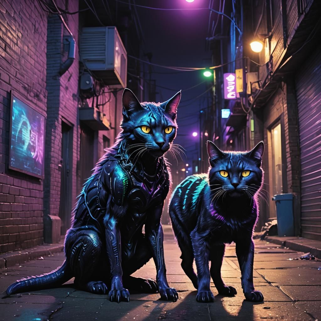 Bioluminescent Xenomorph Cat Hybrid in Dark Alley