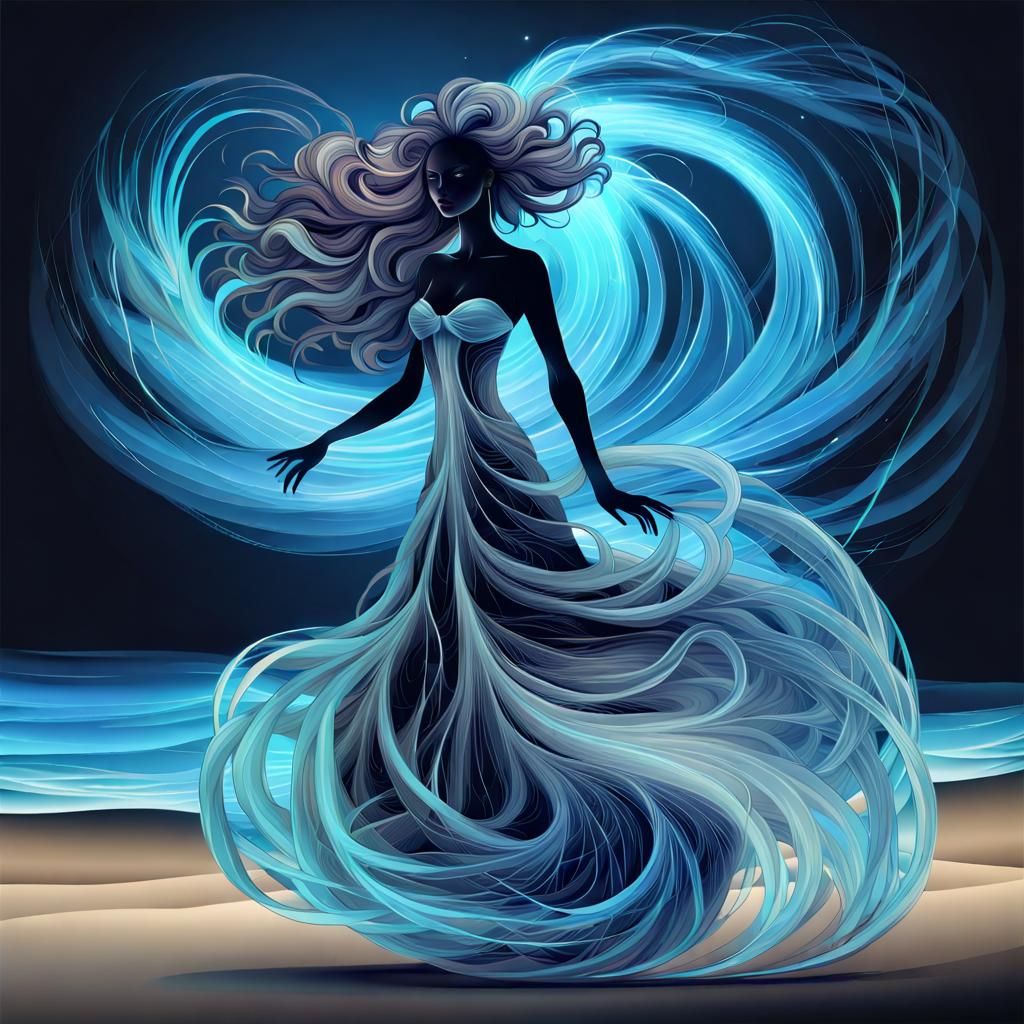 Bioluminescent Woman on Beach at Night in Abstract Style
