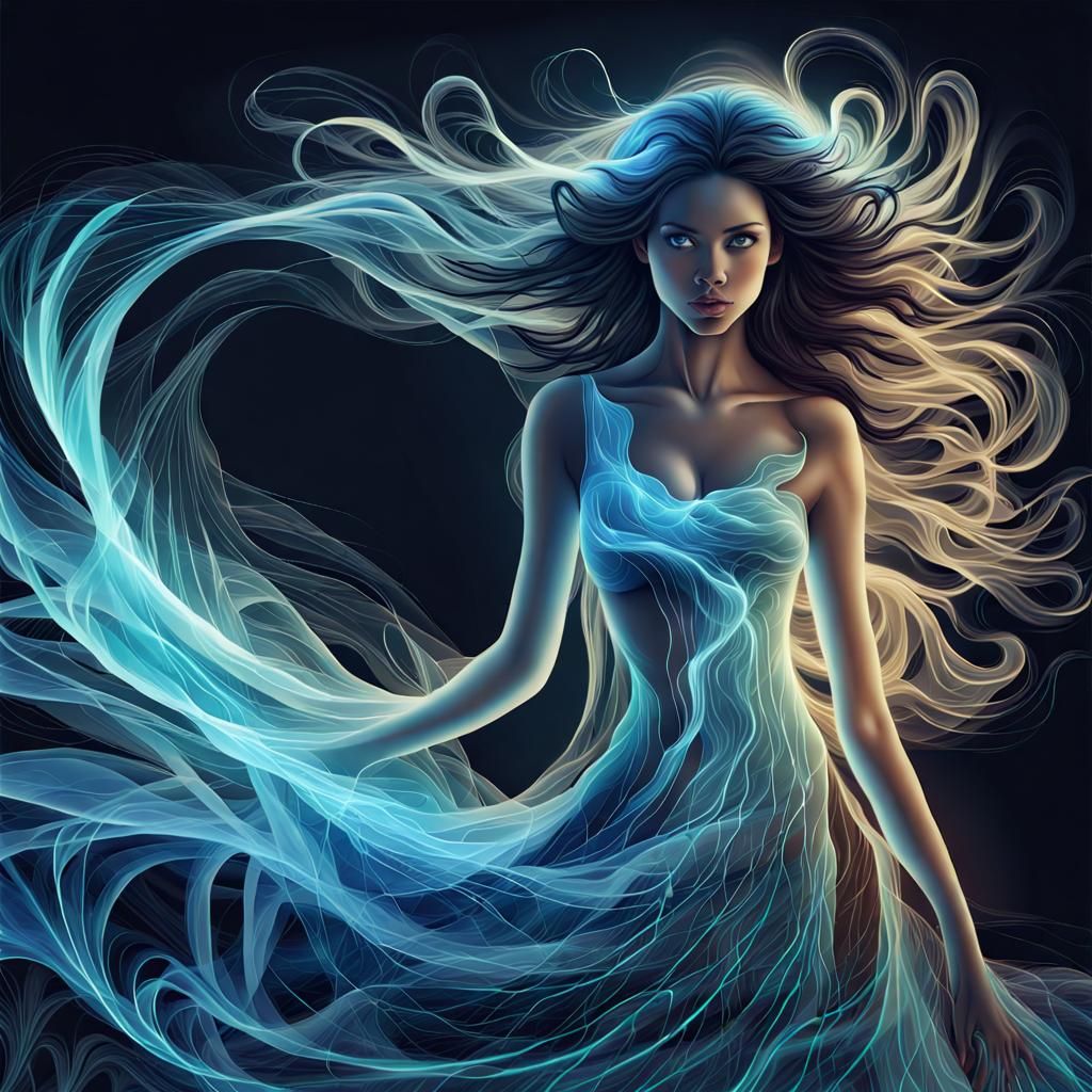 Bioluminescent Woman on Beach in Zentangle Style