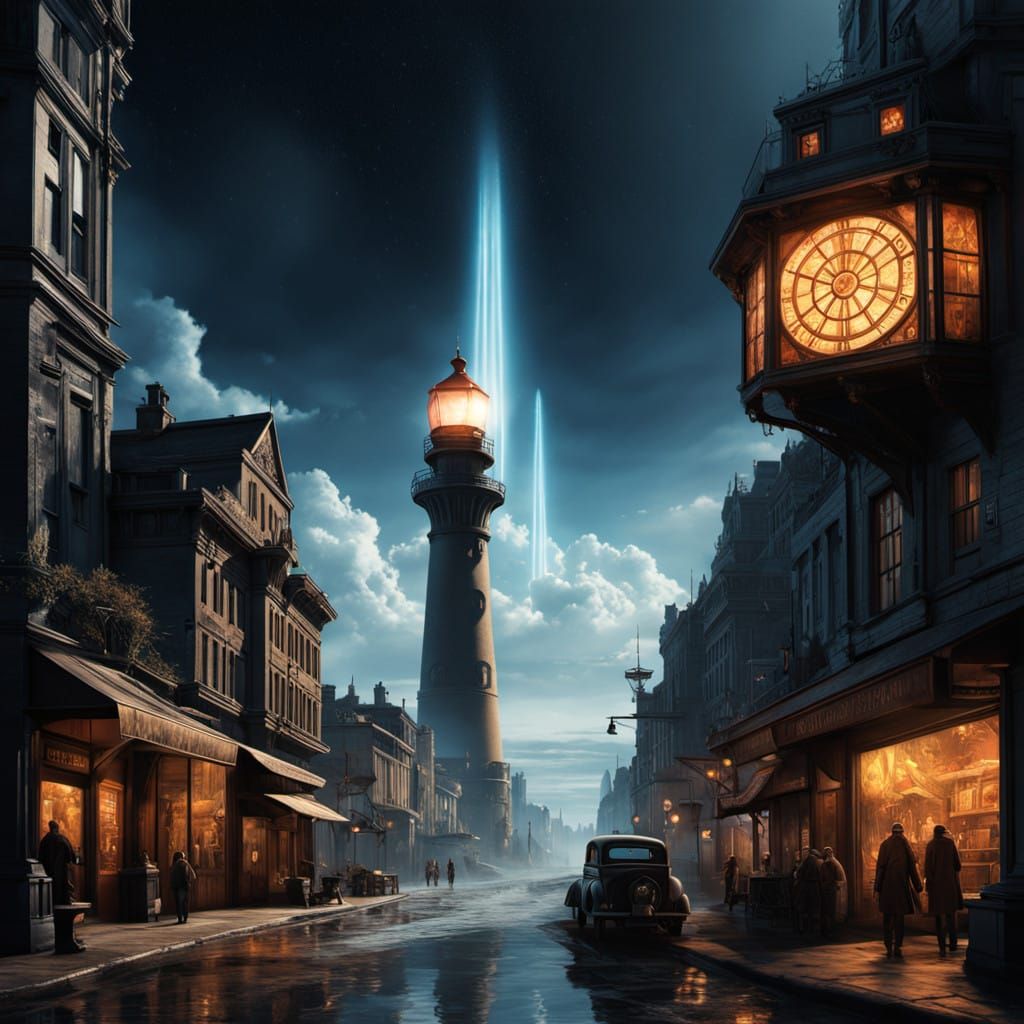 Epic Night Sky with Golden Light and Lighthouse in Dramatic ...