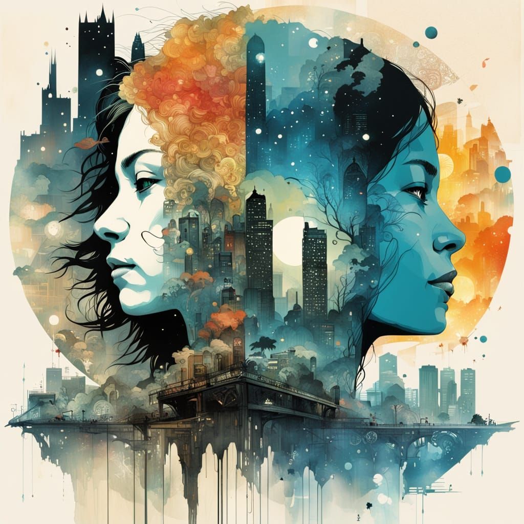 Double Exposure Lion Waterfall City Galaxy Silhouette